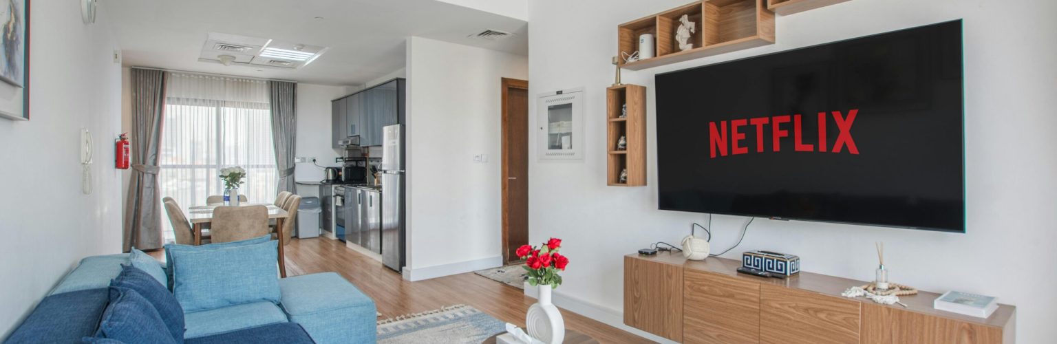 Stylish modern living space with TV displaying Netflix and cozy blue sofa.